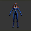 Game Movie Character In Blue Orange Armored Suit With Sci Fi Helmet Shoulder Armor Design