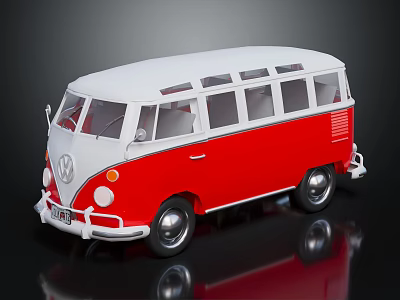 Classic Red And White Volkswagen Bus With Vintage Exterior Design And Side Windows 3d model