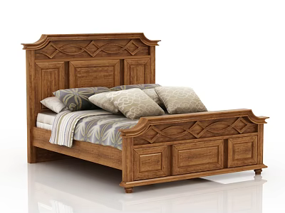Vintage Wooden Double Bed with Carved Headboard Decorative Pillows and Patterned Bedspread 3d model