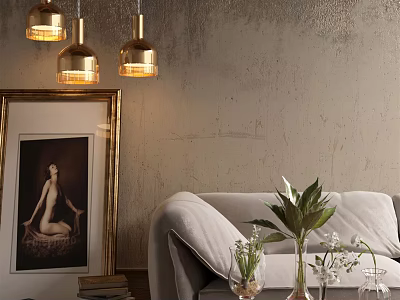 Multi-seat Sofa with Gold Frame Painting Three Pendant Lights Grey Textured Wall and Green Plants 3d model
