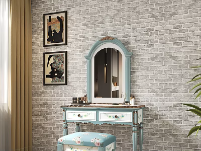 Light Blue Dressing Table With Mirror Floral Stool And Decorative Paintings Against Brick Wall 3d model