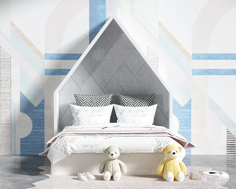 Kids Bed With Triangle Gray Headboard Blue White Geometric Wallpaper And Stuffed Bears 3d model 