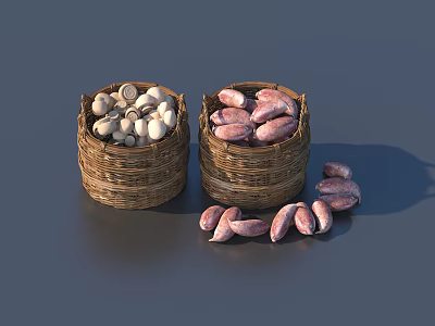 Fresh White and Pink Root Vegetables in Wicker Baskets Displayed on Counter 3d model