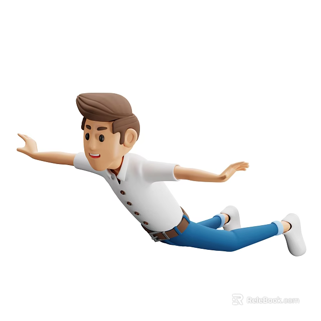 Cartoon Man Jumping With Outstretched Arms Wearing White Shirt Blue Pants Smiling And Extended Legs 3d model 