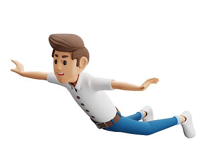 Cartoon Man Jumping With Outstretched Arms Wearing White Shirt Blue Pants Smiling And Extended Legs 3d model