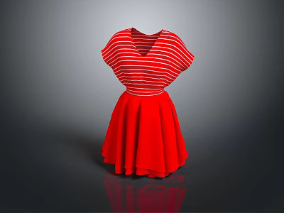 Women's Red Striped Short Sleeve Flared Dress For Daily Casual Wear 3d model