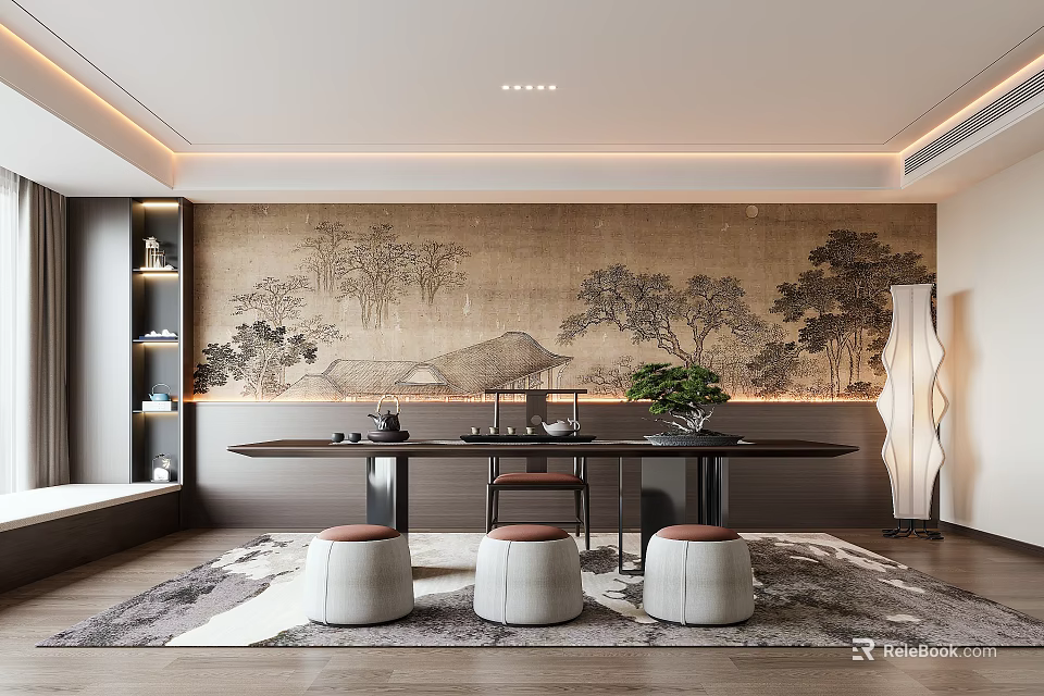 Modern Tea Room Interior With Landscape Painting Backdrop Long Wooden Table And Green Plants 3d model 