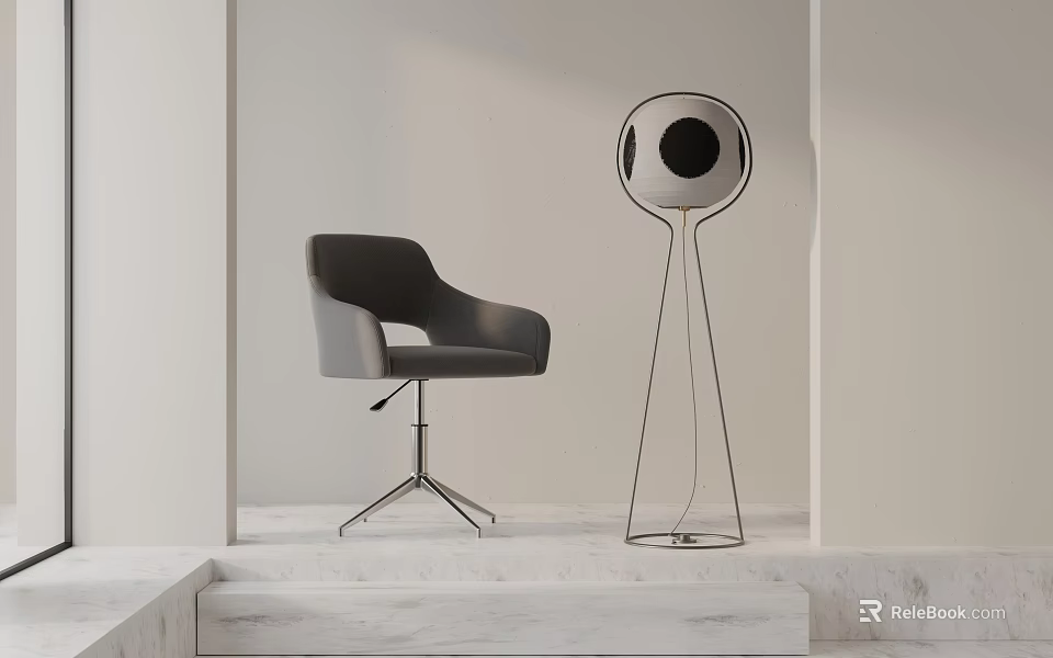 Modern Gray Upholstered Office Chair With Metal Base And Floor Lamp On Marble Floor 3d model 