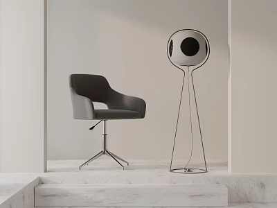 Modern Gray Upholstered Office Chair With Metal Base And Floor Lamp On Marble Floor 3d model