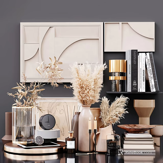 Stylish Ornamental Decor Collection With Dried Flowers Vases Books Clock And Tray For Home Interior 3d model 