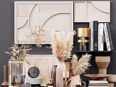 Stylish Ornamental Decor Collection With Dried Flowers Vases Books Clock And Tray For Home Interior 3d model
