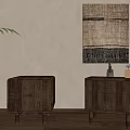 Two Wooden Nightstands With Drawers And Woven Wall Art Decor