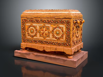 Decorative Wooden Chest With Intricate Carvings Geometric Motifs And Wooden Base 3d model