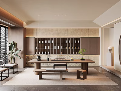 Traditional Tea Room Interior Design With Wooden Table Tea Sets And Green Plants 3d model