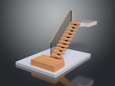 Modern Wooden Staircase With Black Metal Railings And White Platform Base 3d model