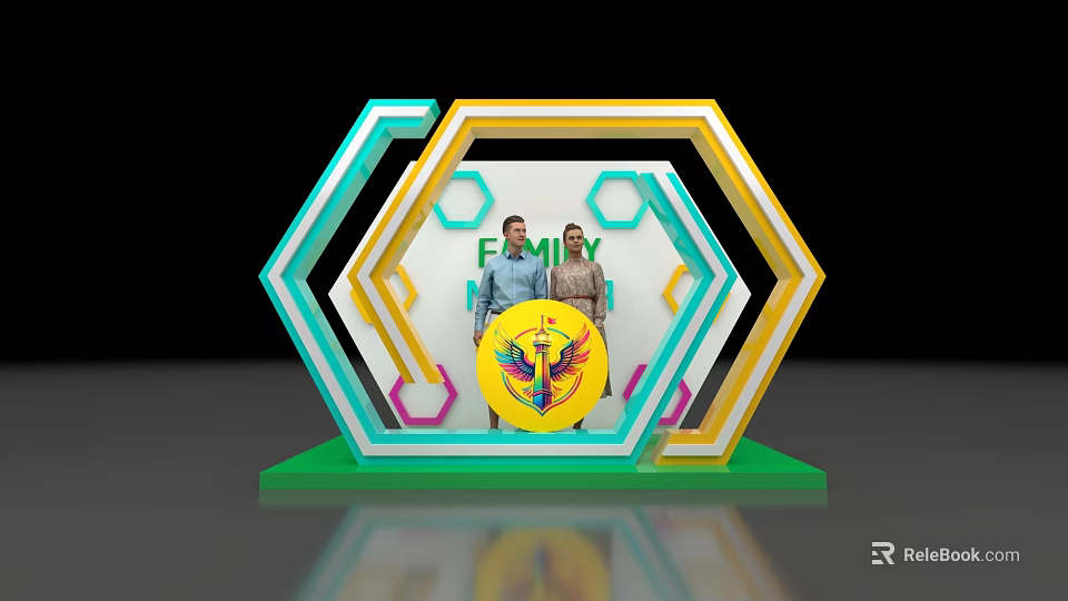 Family Photo Spot Hexagon Green Yellow White With FAMILY Lettering Yellow Emblem Two People Posing 3d model 