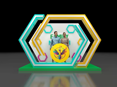 Family Photo Spot Hexagon Green Yellow White With FAMILY Lettering Yellow Emblem Two People Posing 3d model