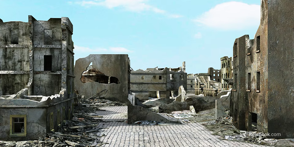 Ruined Building Components With Collapsed Walls And Rubble In Urban Wasteland 3d model 