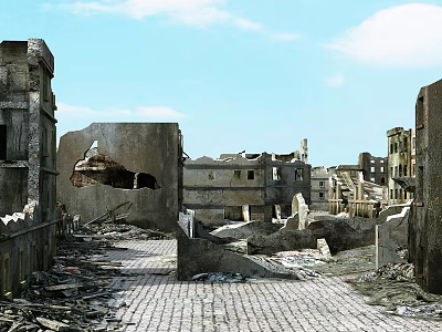 Ruined Building Components With Collapsed Walls And Rubble In Urban Wasteland 3d model