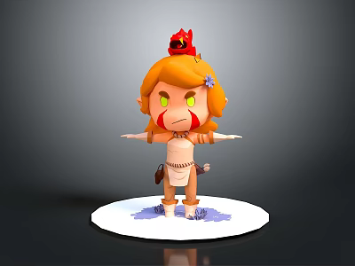 3D Cartoon Game Character With Orange Hair Red Creature On Head Yellow Eyes Red Stripes 3d model