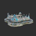 Intricate Carved Garden Ornament With Blue Pink Accents And Classic Design