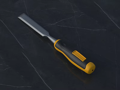Household Dishwashing Tool With Silver Blade And Yellow Black Handle On Black Marble Surface 3d model