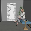 Modern Irregular Shaped Decorative Mirror With Indoor Plant And Woman Sitting In Minimalist Room