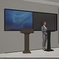 Modern Conference Room Setup With Large Screen Podium And Female Presenter