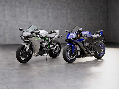Two Sporty Green White And Blue Motorcycles On Gray Floor With Gray Walls 3d model