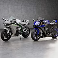 Two Sporty Green White And Blue Motorcycles On Gray Floor With Gray Walls