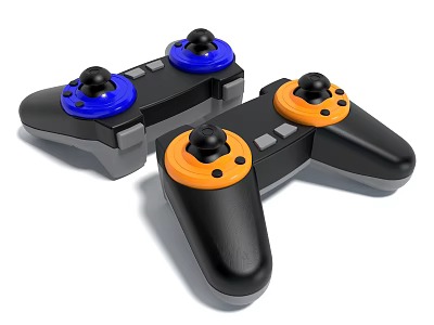 Three Modern Gaming Controllers With Blue And Orange Buttons For Playground Fun 3d model