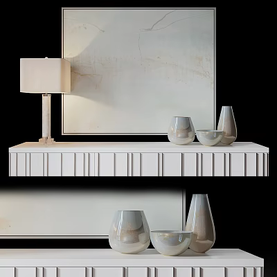Modern Minimalist Decorative Ornament Set On White Shelf With Table Lamp Mirror Vases And Bowls 3d model
