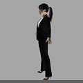 A Woman in Black Suit and White Shirt with Arms Outstretched Against Gray Background