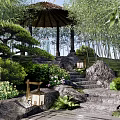 Park Landscape With Thatch Roofed Pavilion Stone Steps Bamboo Pine Trees And Flower Bushes