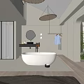 Modern Hotel Bathroom Interior With White Bathtub Round Mirror Woven Pendant Lights Natural Light