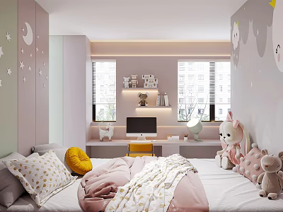 Soft Kids Room With Pink Green Walls Star Moon Decals Window Desk And Plush Toys 3d model