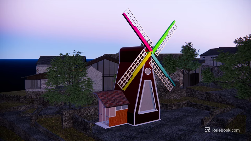 Colorful Windmill Blades And Tower Structure With Village Houses And Trees 3d model 