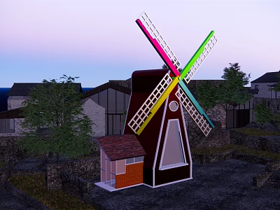 Colorful Windmill Blades And Tower Structure With Village Houses And Trees 3d model