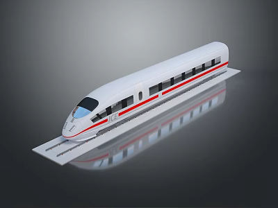 Detailed White High Speed Train Scale Model On Railway Track Display With Red Stripes 3d model