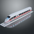 Detailed White High Speed Train Scale Model On Railway Track Display With Red Stripes