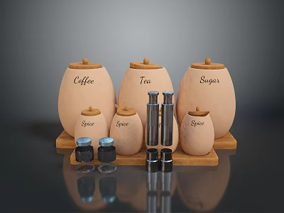 Wooden Coffee Tea Sugar Spice Storage Jars With Grinders On Tray 3d model
