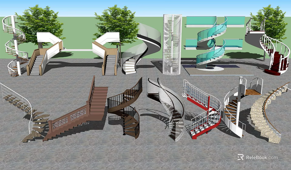 Various Modern Spiral Staircases Designs with Wooden Metal Glass Structures and Styles 3d model 