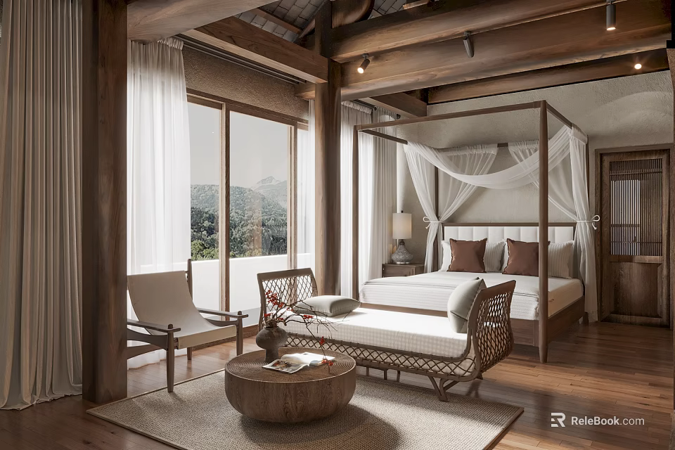 Rustic Bedroom Interior Design With Four Poster Bed Floor To Ceiling Windows And Mountain View 3d model