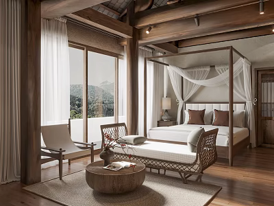 Rustic Bedroom Interior Design With Four Poster Bed Floor To Ceiling Windows And Mountain View 3d model