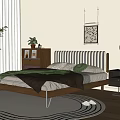 Modern Double Bed with Striped Headboard Wooden Frame Area Rug Nightstand Artwork and Pendant Lamp