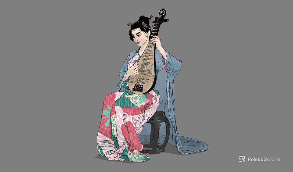 Elegant Chinese Woman Playing Classical Pipa in Traditional Attire Sitting on Stool 3d model 