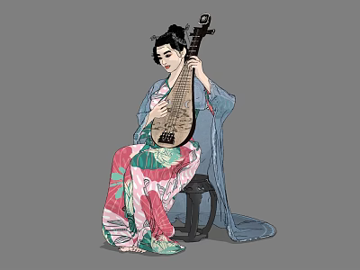 Elegant Chinese Woman Playing Classical Pipa in Traditional Attire Sitting on Stool 3d model