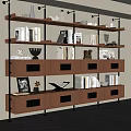 Modern Bookcase With Black Metal Frames Multiple Wooden Shelves Drawers Books And Decorations