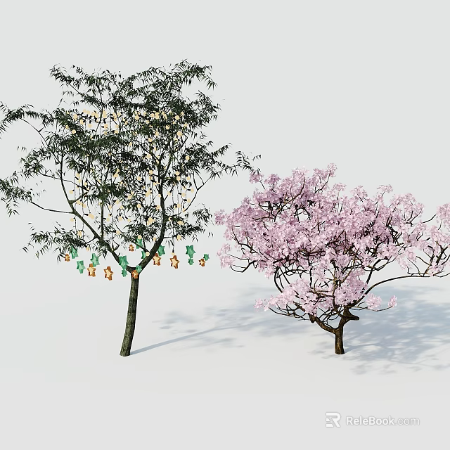 Tree Pit Landscape Featuring Green Leaf Tree And Pink Flowering Tree With Ornaments 3d model