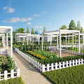 Modern Community Garden Landscape With White Pergolas Picket Fences And Tidy Neat Planting Areas